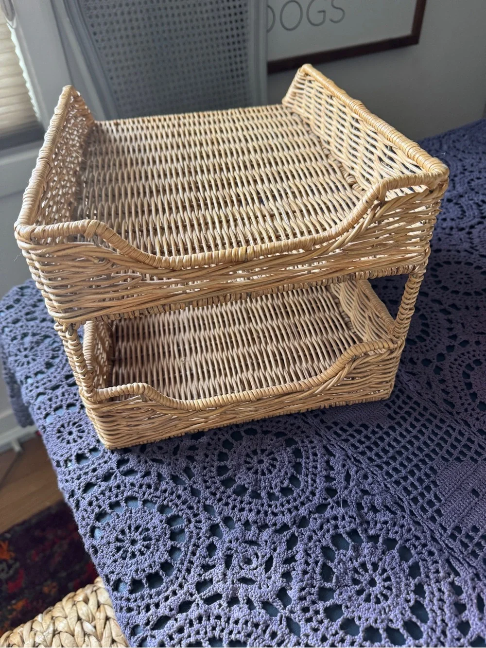Vintage Boho Wicker Letter Tray Organizer | Double Tier Rattan Desk File Holder